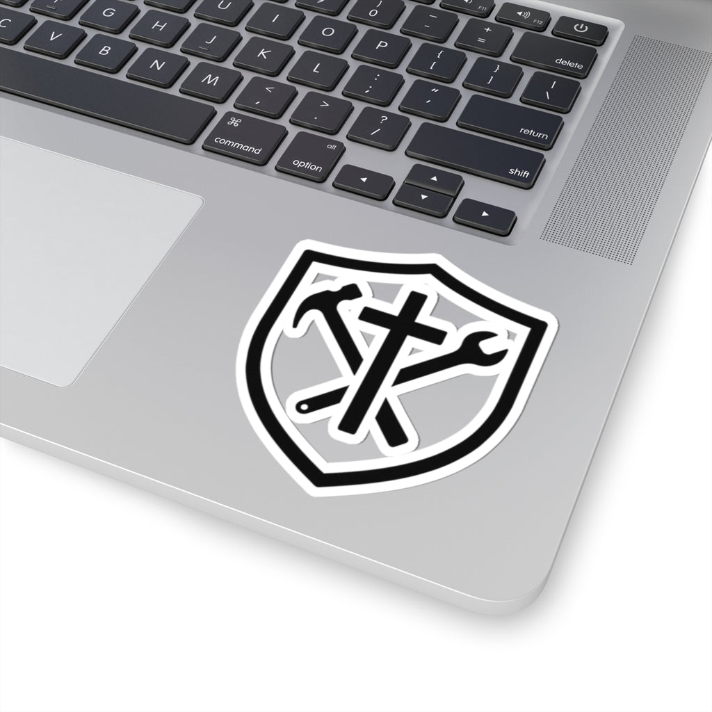 Faith & Work Shield Sticker — Christian Hammer & Wrench Kiss-Cut Decal