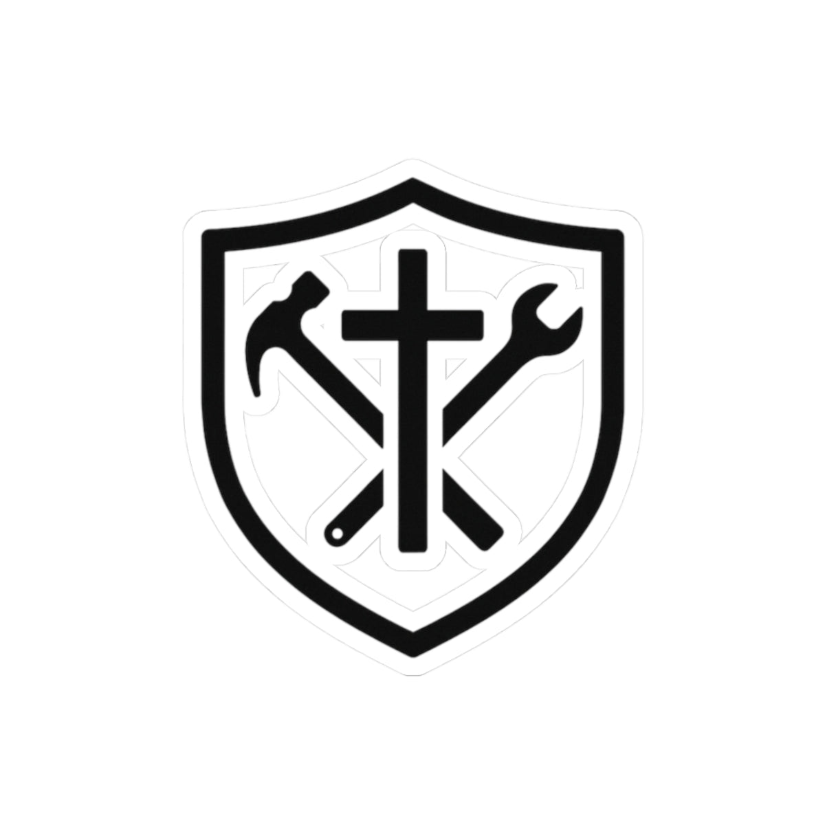 Faith & Work Shield Sticker — Christian Hammer & Wrench Kiss-Cut Decal